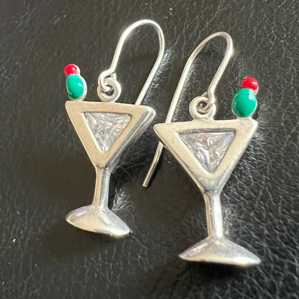 Sterling Silver 925 Martini Glass Dangle Earrings CZ Cocktail Olive Novelty